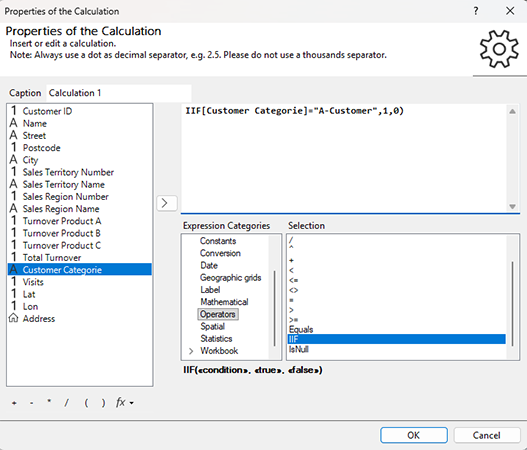 Formula editor of a calculated column - Comparison expression IIF - If