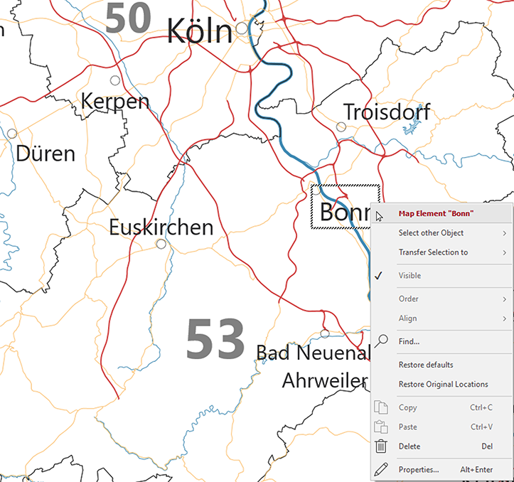 Map element of the Cities layer, marked on the map with the context menu open.