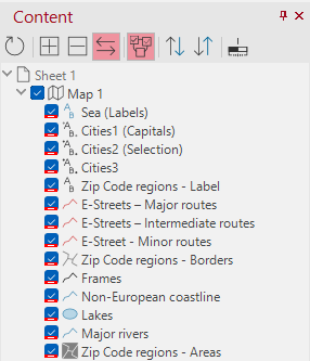 Contents of the map in the control window Contents