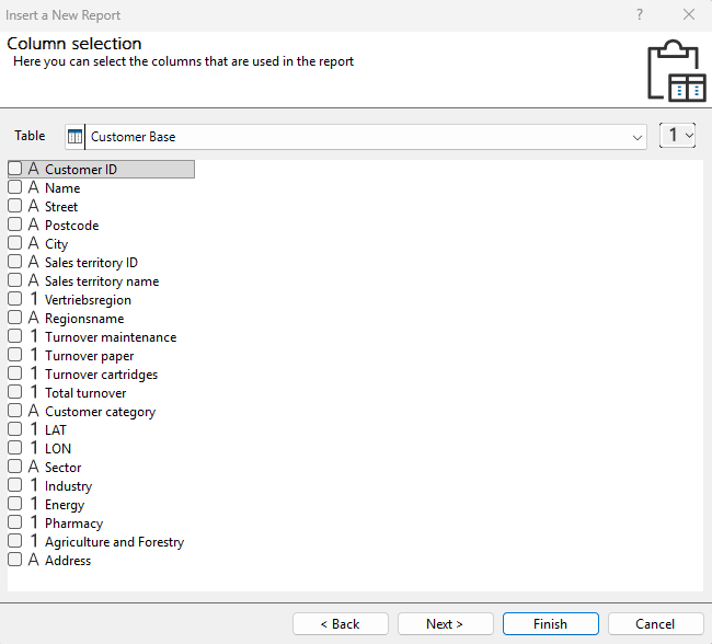 Selecting Columns for the Report and Defining Data Types
